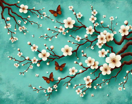 Cherry blossom and butterfly design file showcasing delicate blooms on turquoise background