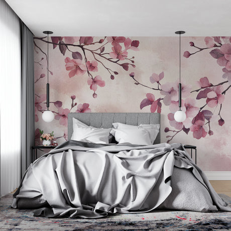 Cherry blossom wallpaper creating a serene atmosphere in a modern bedroom with natural light