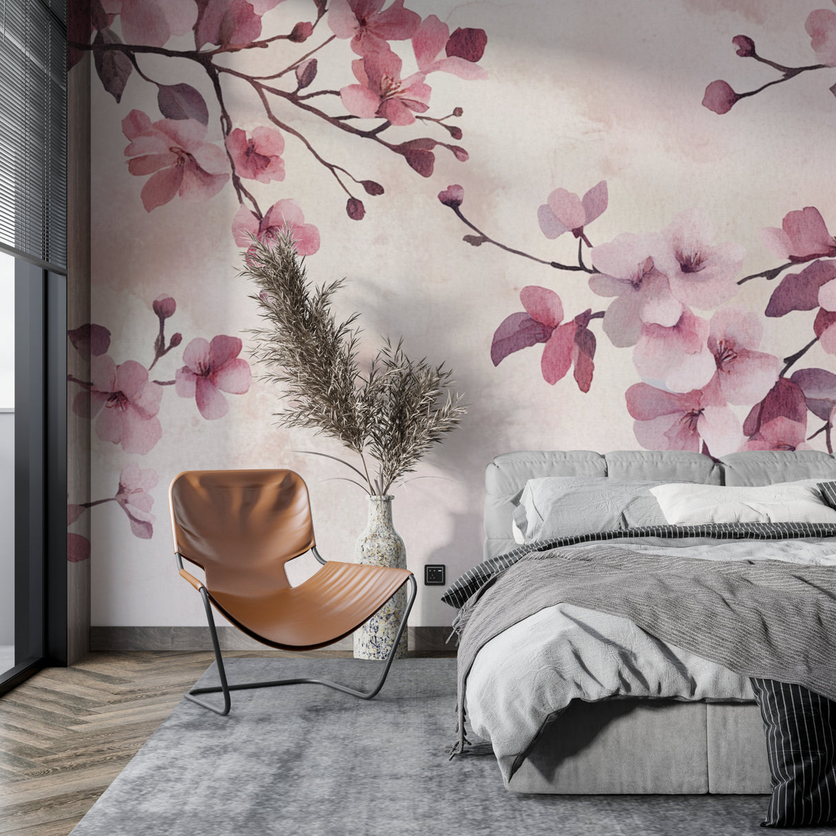 Cherry blossom design transforming a hallway with soft pink watercolor flowers