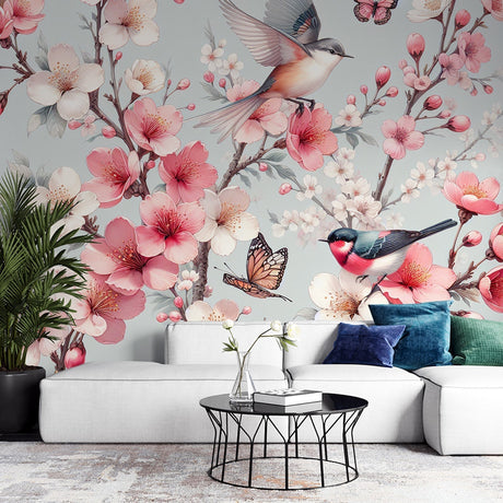 Cherry blossom wallpaper creates a fresh spring feel in a bright modern bedroom, with soft pink petals and birds adding life