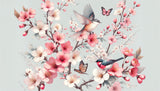 Cherry blossom wall mural design file showing detailed pink flowers, birds, and butterfly on grey background