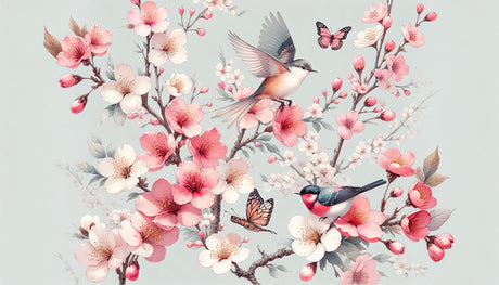 Cherry blossom wall mural design file showing detailed pink flowers, birds, and butterfly on grey background