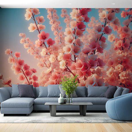 Cherry blossom wallpaper creating a peaceful atmosphere in a modern living room with natural light
