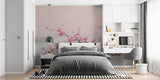 Cherry blossom wallpaper creating a peaceful atmosphere in a modern living room with grey furniture