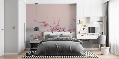 Cherry blossom wallpaper creating a peaceful atmosphere in a modern living room with grey furniture