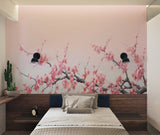 Sakura branch wallpaper making a statement in a dining room setting