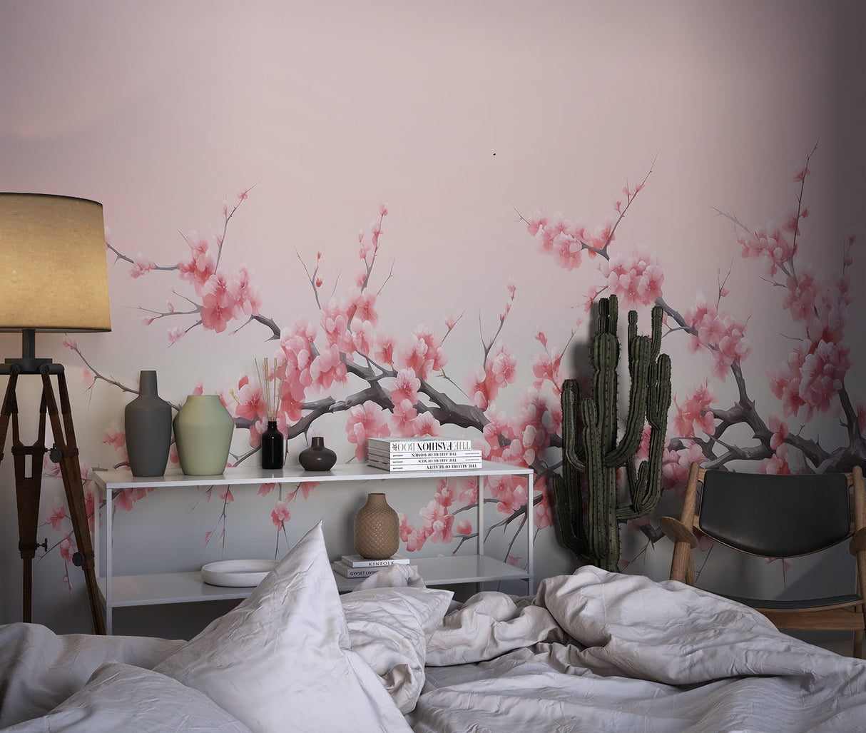 Cherry blossom wall design brightening up a meditation room