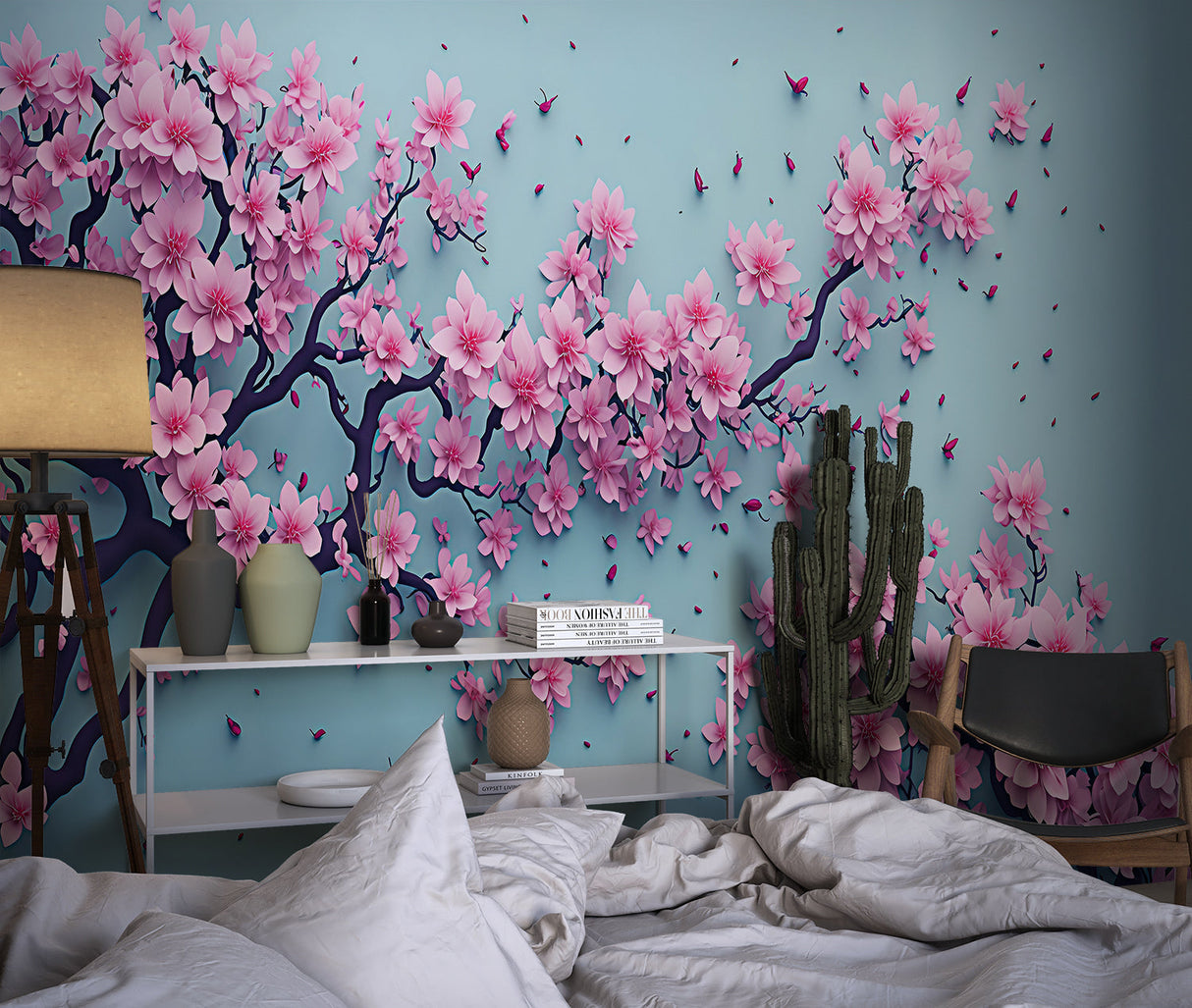 Cherry blossom wallpaper bringing spring feel to modern living room with grey sofa and natural light