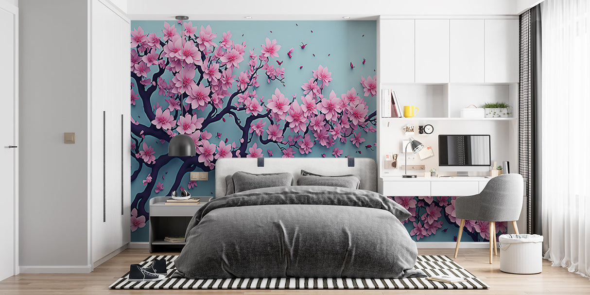 Pink sakura mural creating calm atmosphere in master bedroom with white furniture