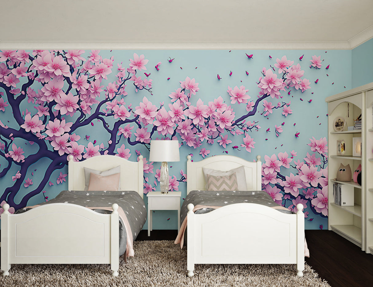 Japanese cherry blossom wall mural adding zen feel to home office space