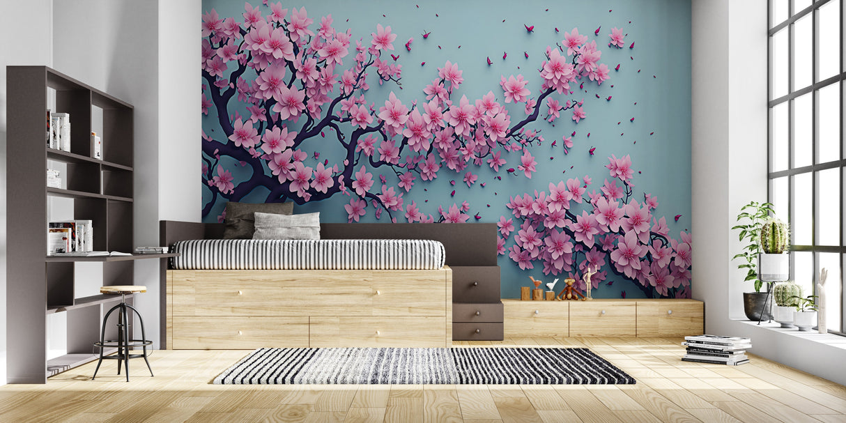 Turquoise and pink cherry blossom wallpaper brightening dining room setting