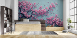 Turquoise and pink cherry blossom wallpaper brightening dining room setting