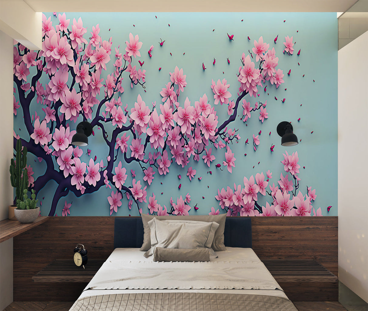Sakura wallpaper creating peaceful atmosphere in meditation room