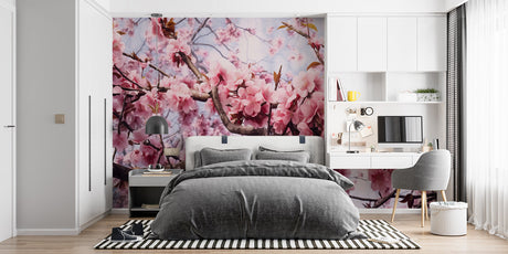 Cherry blossom wallpaper creating a peaceful atmosphere in a modern living room with natural light