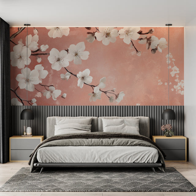 Cherry blossom wallpaper creating a serene atmosphere in a modern living room with terracotta accents