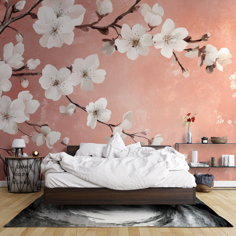 Japanese floral wall mural brightening a cozy bedroom with soft morning light