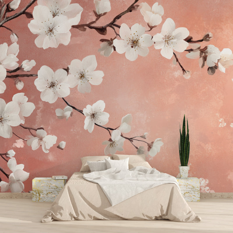 Cherry blossom terracotta wallpaper making a statement in a minimalist dining room