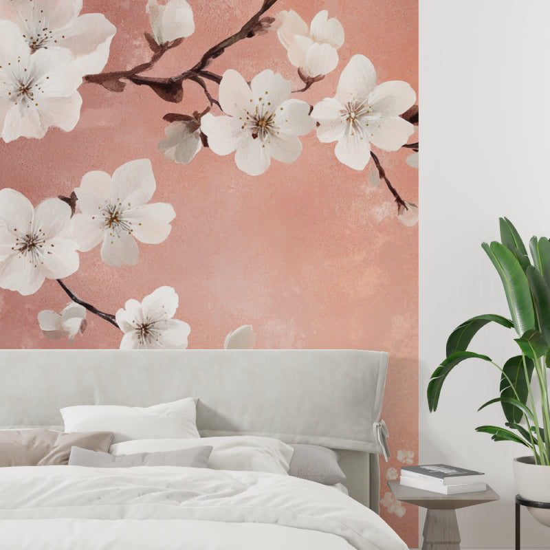 Terracotta cherry blossom mural adding warmth to a peaceful home office space