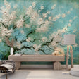 Cherry blossom wall mural in modern living room, turquoise abstract floral art creating peaceful atmosphere