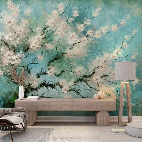 Cherry blossom wall mural in modern living room, turquoise abstract floral art creating peaceful atmosphere