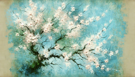 Cherry blossom wallpaper design file showing detailed turquoise abstract pattern with floating white petals