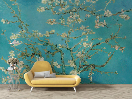 Cherry blossom wall mural creating a peaceful atmosphere in a modern living room with natural light