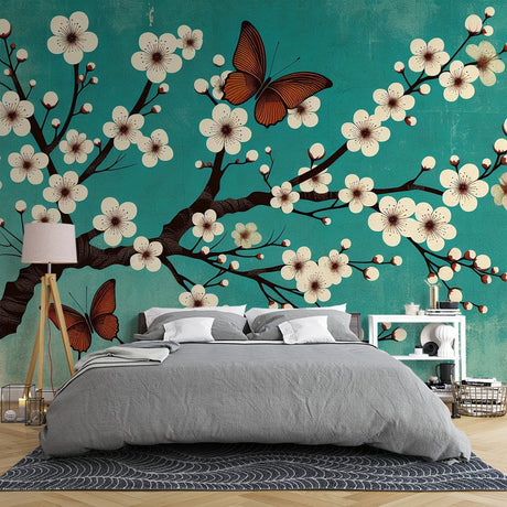 Cherry blossom wallpaper in modern bedroom showing turquoise and white sakura design with floating butterflies