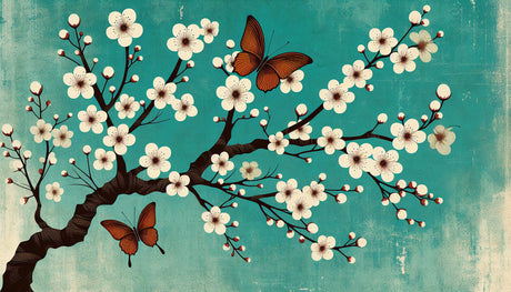 Japanese cherry blossom design file showing detailed turquoise background with white sakura flowers and butterflies