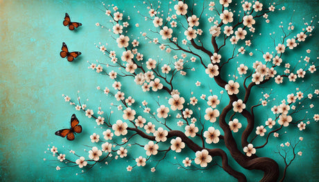 Cherry blossom and butterfly design file showing intricate floral pattern on turquoise background