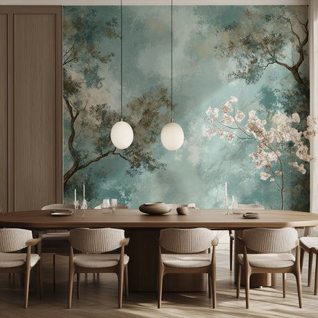 Cherry blossom wallpaper bringing spring charm to a modern living room with white furniture