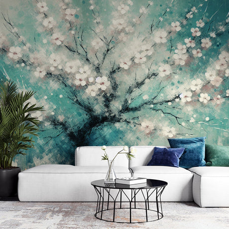 Cherry blossom wallpaper in modern living room with turquoise watercolor design creating a peaceful Asian-inspired atmosphere