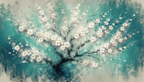 Cherry blossom watercolor design file showing delicate white flowers on turquoise background