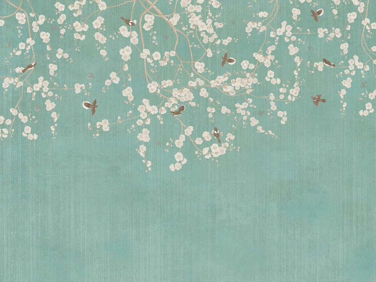 Cherry blossom and birds design file showing detailed mint green pattern with white blossoms