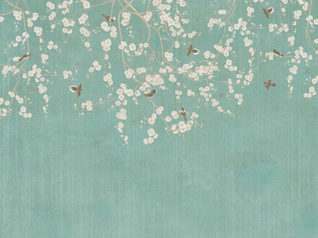 Cherry blossom and birds design file showing detailed mint green pattern with white blossoms