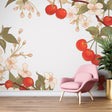 Cherry blossom wallpaper creating a fresh spring feel in a bright dining room with white furniture