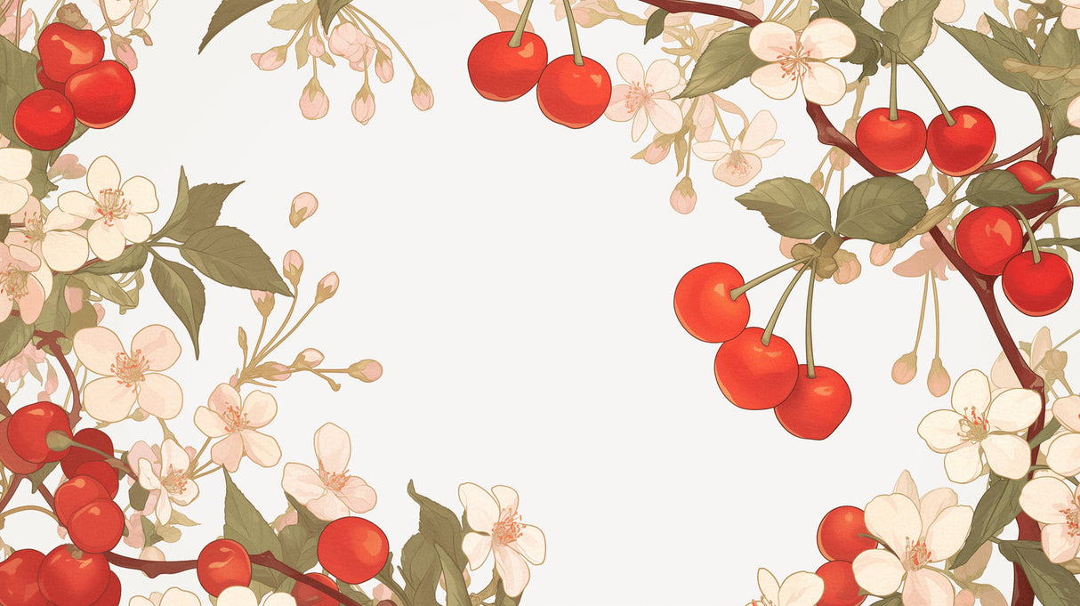 Cherry blossom design file showing detailed pink flowers and red fruits pattern on white background