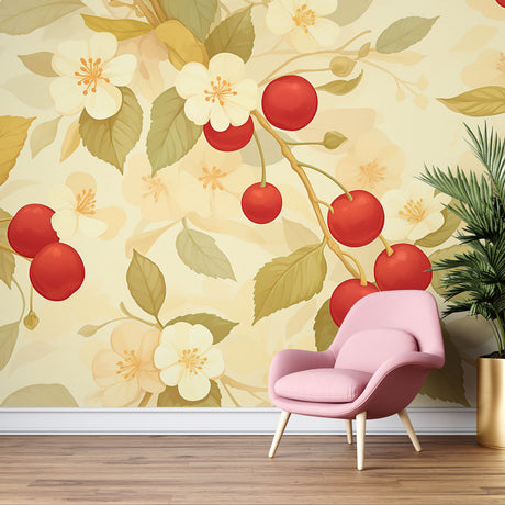 Cherry blossom wallpaper with vintage fruits brings fresh energy to a bright dining room with white furniture