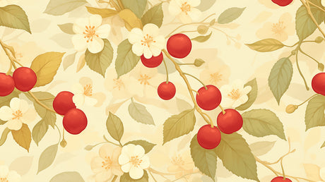 Cherry blossom wallpaper design file showing detailed vintage botanical pattern with red fruits and cream flowers