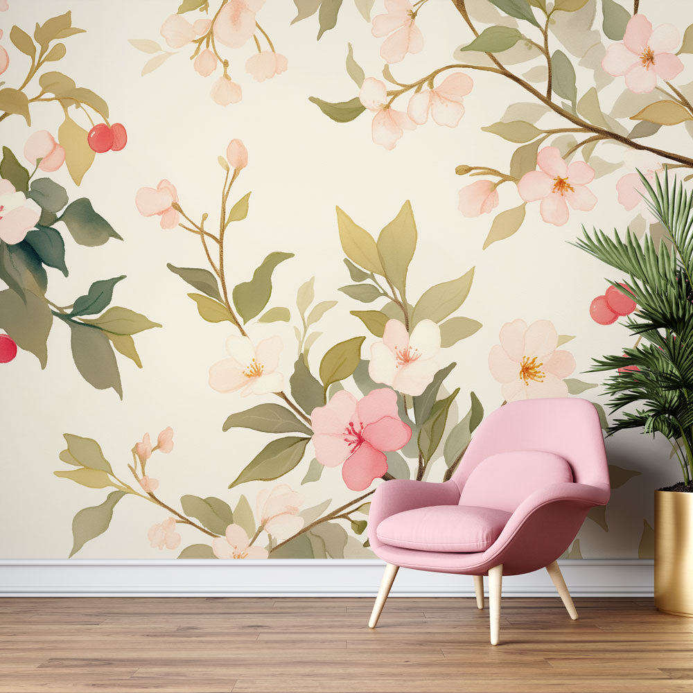Cherry blossom wallpaper mural styled in a bright dining room, showing pink flowers and red berries against cream walls