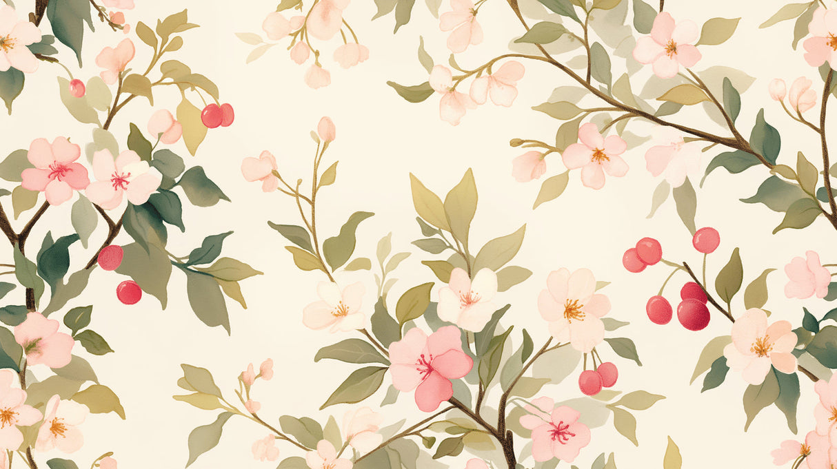 Cherry blossom wallpaper design file showing watercolor flowers and red berries pattern