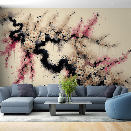 Cherry blossom wallpaper mural in modern living room, pink and black ink art design creating peaceful atmosphere