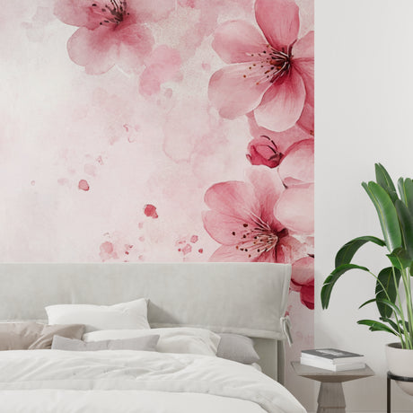 Cherry blossom wallpaper creating a peaceful atmosphere in a modern bedroom with natural light