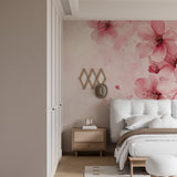 Pink floral wall mural brightening up a cozy living room space