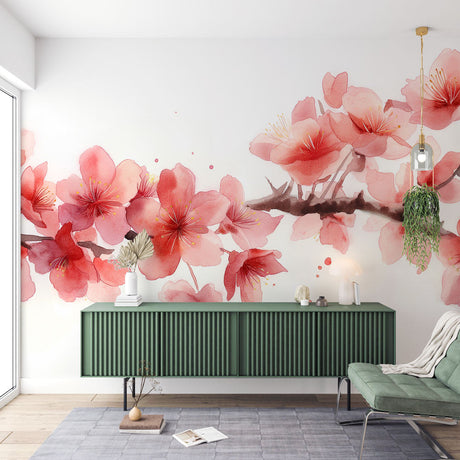 Cherry blossom wall mural creating a peaceful atmosphere in a modern bedroom, soft pink petals dancing across white walls