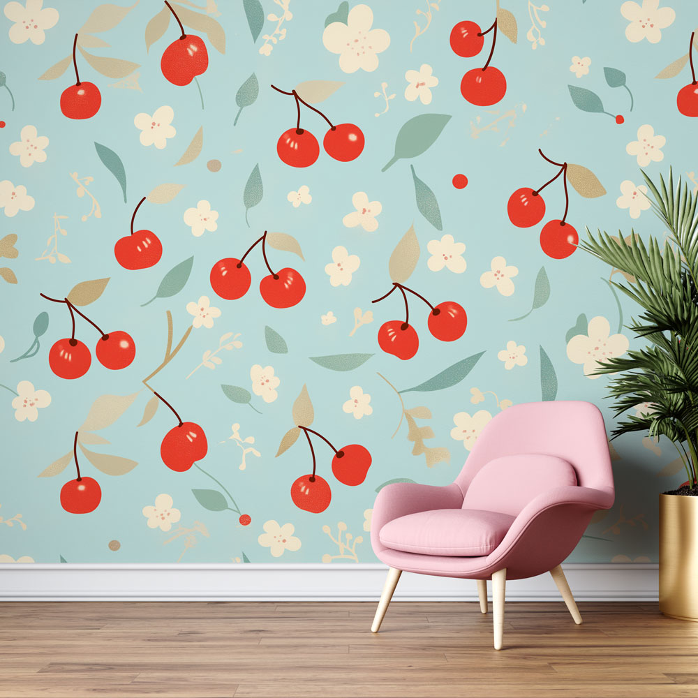 Cherry blossom wallpaper mural creating a fresh garden feel in a bright modern kitchen with white cabinets
