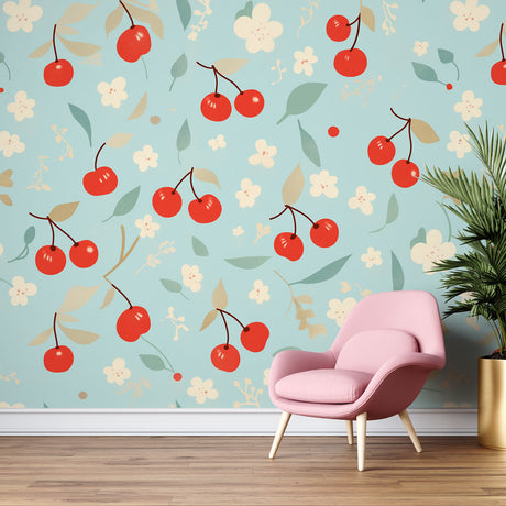 Cherry blossom wallpaper mural creating a fresh garden feel in a bright modern kitchen with white cabinets