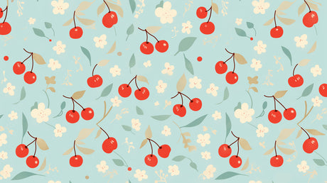 Vintage cherry pattern wallpaper design file showing red fruits and white blossoms on blue background