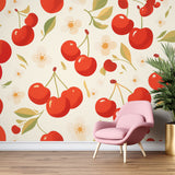 Cherry pattern wallpaper creating a cheerful atmosphere in a bright modern kitchen with white cabinets