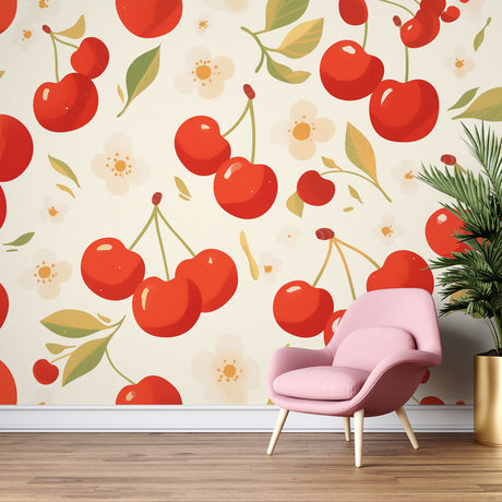 Cherry pattern wallpaper creating a cheerful atmosphere in a bright modern kitchen with white cabinets