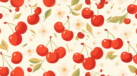 Vintage cherry wallpaper design file showing detailed red fruits and white blossoms on cream background